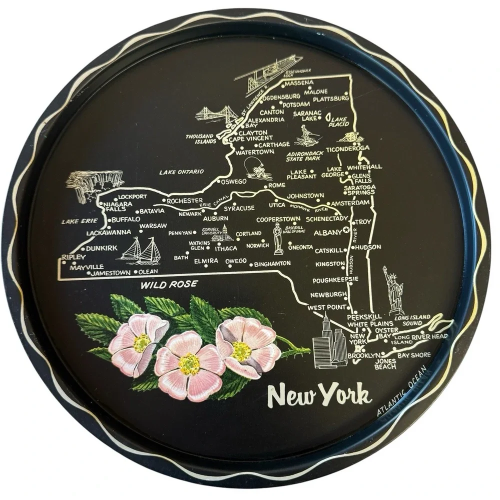 Vintage Mid Century New York Map Metal Souvenir  Cocktail Tray Wild Rose 11